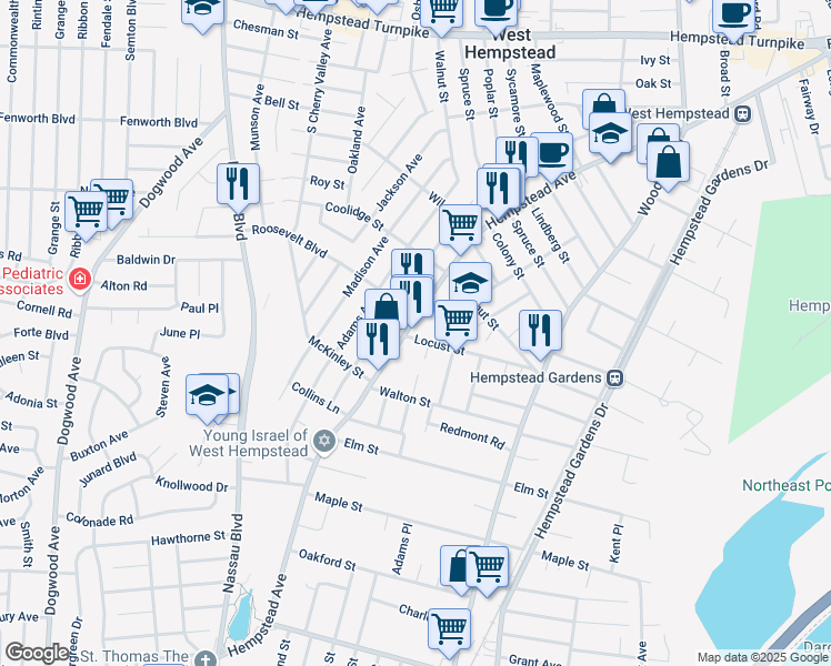 map of restaurants, bars, coffee shops, grocery stores, and more near 487 Hempstead Avenue in West Hempstead