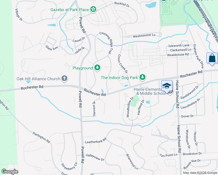 map of restaurants, bars, coffee shops, grocery stores, and more near 202 Hunting Ridge Trail in Cranberry Township