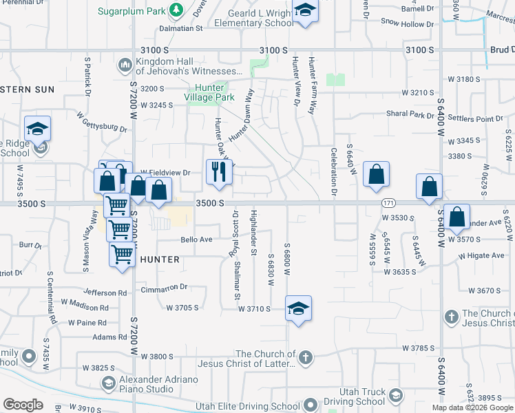 map of restaurants, bars, coffee shops, grocery stores, and more near 6871 West 3500 South in West Valley City