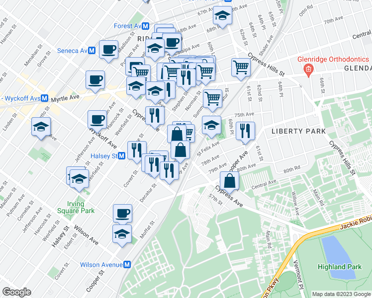 map of restaurants, bars, coffee shops, grocery stores, and more near 1704 Decatur Street in Queens