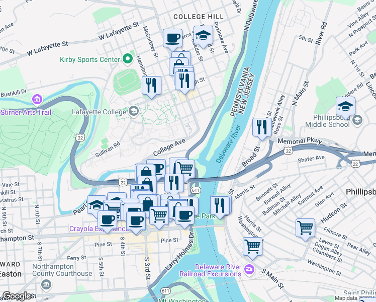 map of restaurants, bars, coffee shops, grocery stores, and more near 4 Bushkill Drive in Easton