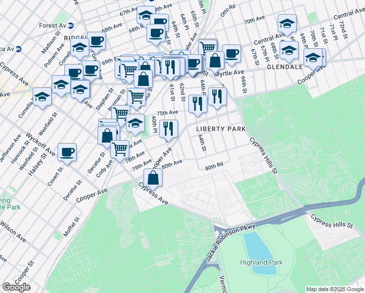 map of restaurants, bars, coffee shops, grocery stores, and more near 77-15 61st Street in Queens
