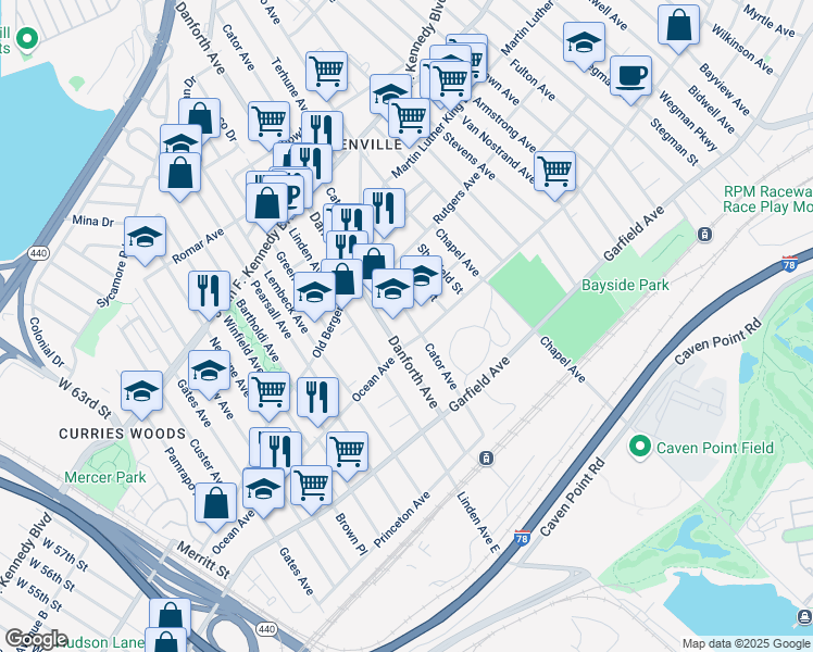 map of restaurants, bars, coffee shops, grocery stores, and more near 128 Danforth Avenue in Jersey City
