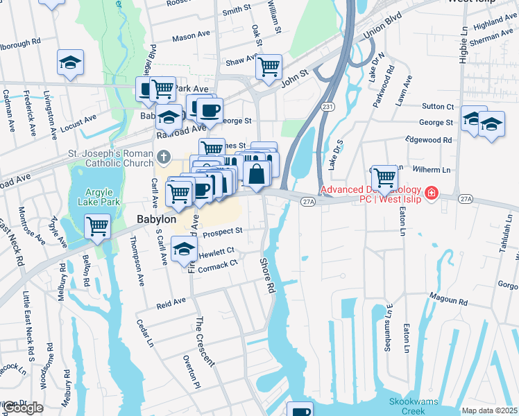map of restaurants, bars, coffee shops, grocery stores, and more near 20 Willow Street in Babylon