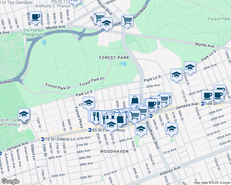 map of restaurants, bars, coffee shops, grocery stores, and more near in Queens