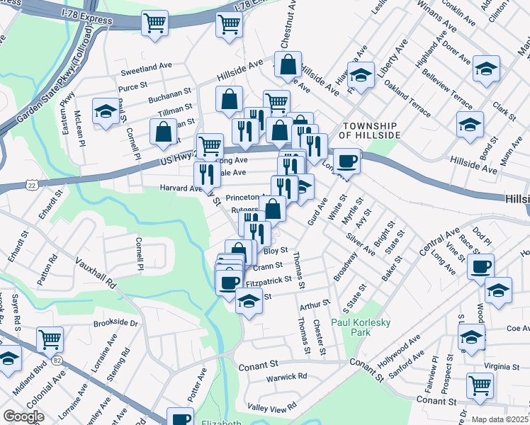 map of restaurants, bars, coffee shops, grocery stores, and more near 366 Rutgers Avenue in Hillside