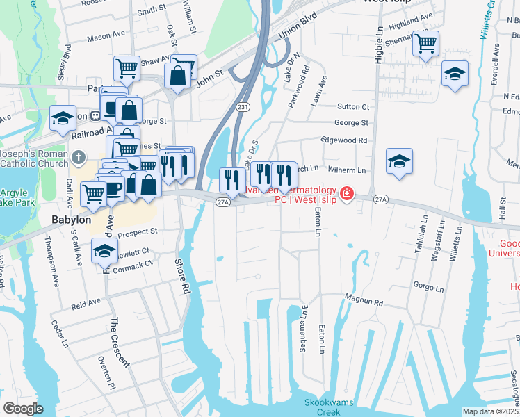 map of restaurants, bars, coffee shops, grocery stores, and more near 400 Montauk Highway in West Islip