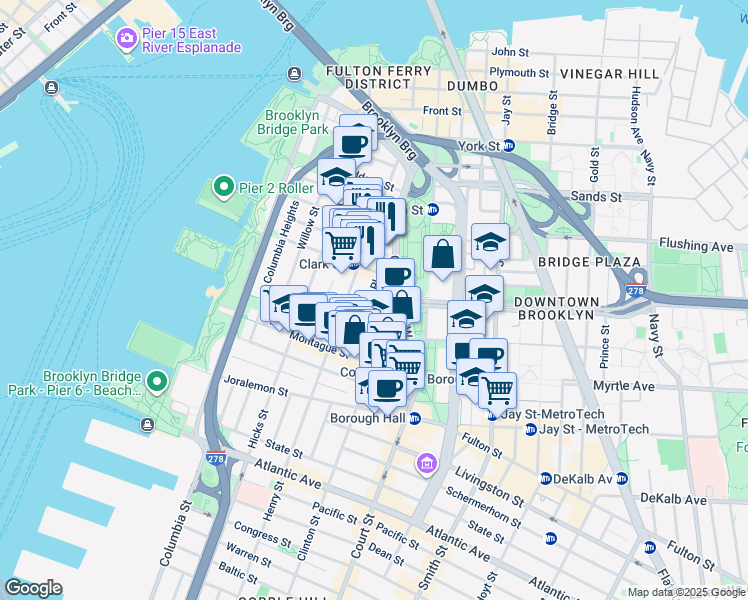 map of restaurants, bars, coffee shops, grocery stores, and more near 16 Monroe Place in Brooklyn