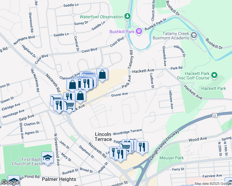 map of restaurants, bars, coffee shops, grocery stores, and more near 2337 Park Avenue in Easton