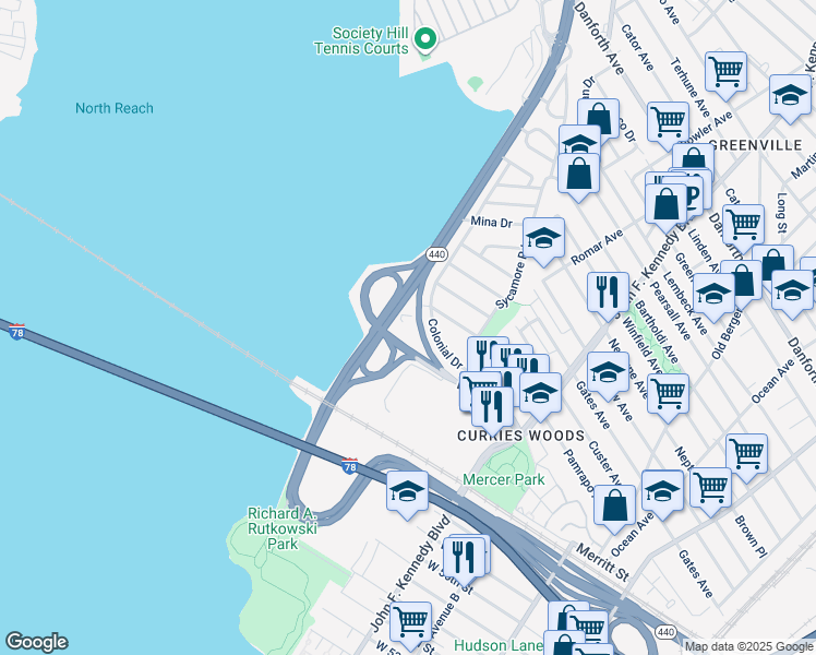 map of restaurants, bars, coffee shops, grocery stores, and more near 190 West 63rd Street in Bayonne