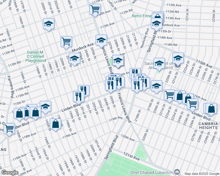 map of restaurants, bars, coffee shops, grocery stores, and more near 205-16 116th Road in Queens