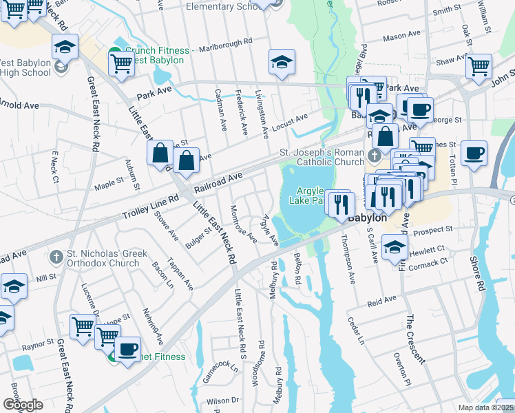 map of restaurants, bars, coffee shops, grocery stores, and more near 12 Stuart Avenue in Babylon