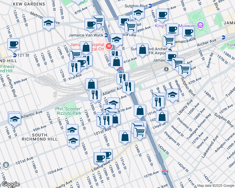 map of restaurants, bars, coffee shops, grocery stores, and more near 94-15 134th Street in Queens