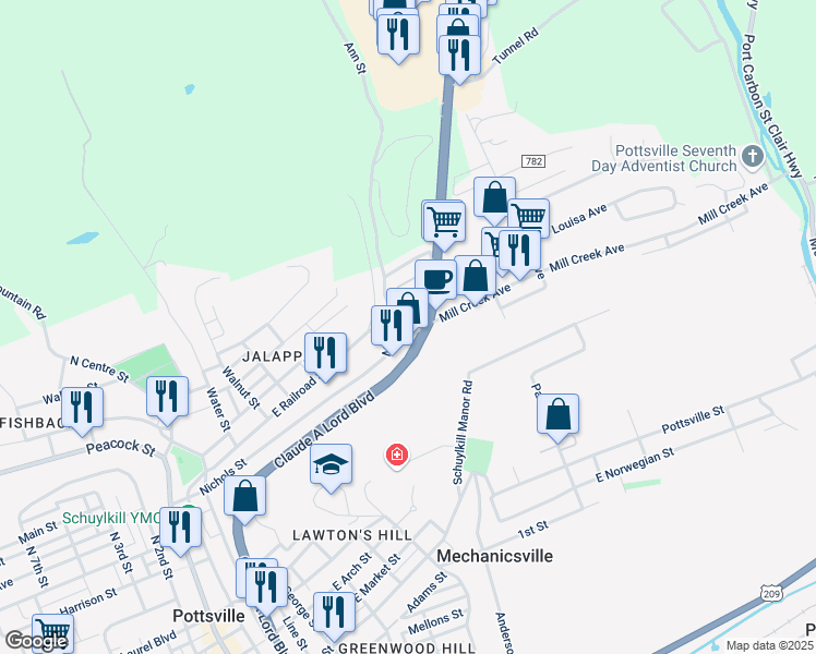 map of restaurants, bars, coffee shops, grocery stores, and more near 13 Mill Creek Avenue in Pottsville