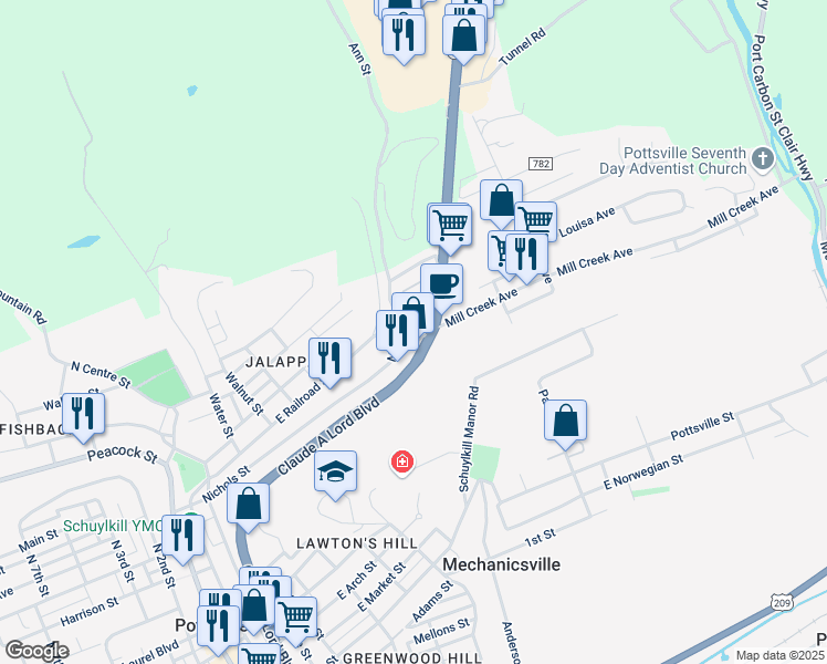 map of restaurants, bars, coffee shops, grocery stores, and more near 13 Mill Creek Avenue in Pottsville