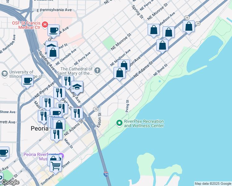 map of restaurants, bars, coffee shops, grocery stores, and more near 702 Northeast Adams Street in Peoria
