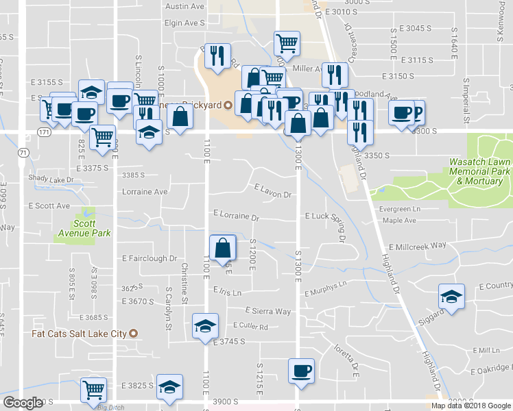 map of restaurants, bars, coffee shops, grocery stores, and more near 1216 East Lavon Circle in Salt Lake City