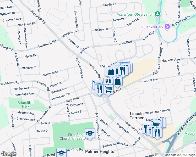 map of restaurants, bars, coffee shops, grocery stores, and more near 11 Oak Lane in Easton