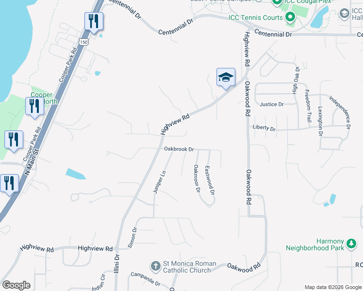 map of restaurants, bars, coffee shops, grocery stores, and more near 119 Oakbrook Drive in East Peoria
