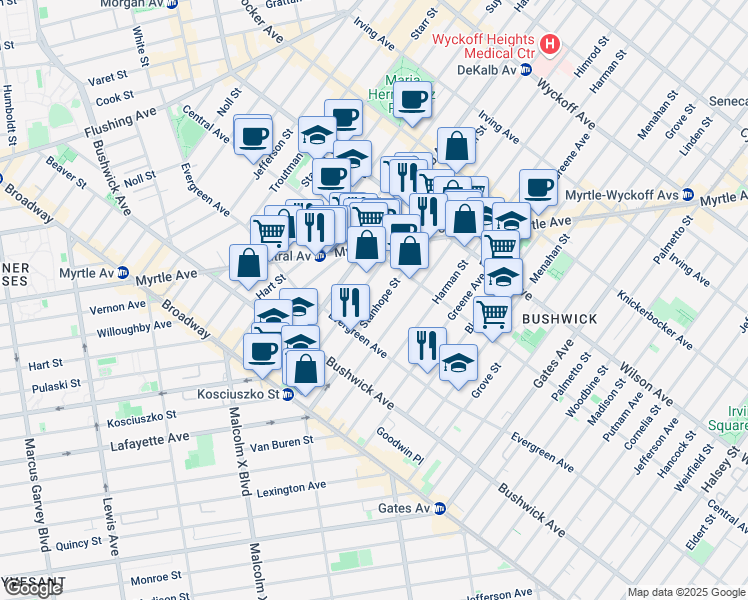 map of restaurants, bars, coffee shops, grocery stores, and more near 80 Stanhope Street in Brooklyn
