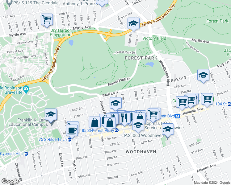 map of restaurants, bars, coffee shops, grocery stores, and more near Park Lane South & 85th Street in Queens