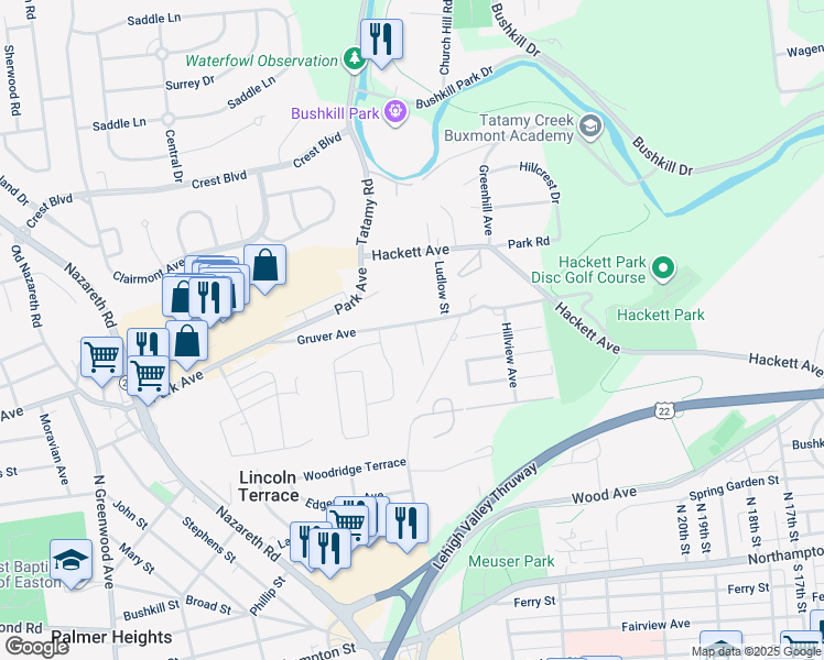 map of restaurants, bars, coffee shops, grocery stores, and more near 2140 Gruver Avenue in Easton