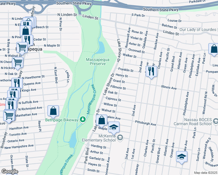 map of restaurants, bars, coffee shops, grocery stores, and more near 100 Fillmore Street in Massapequa Park