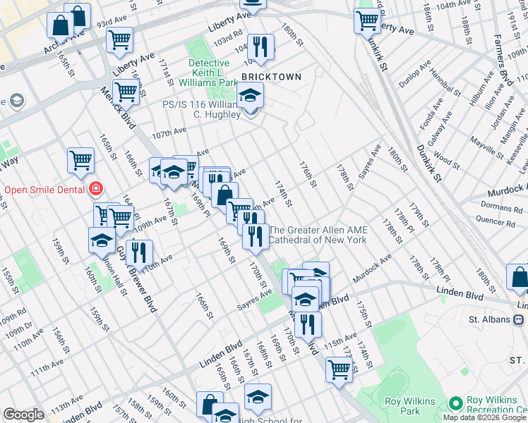 map of restaurants, bars, coffee shops, grocery stores, and more near 110-08 173rd Street in Queens