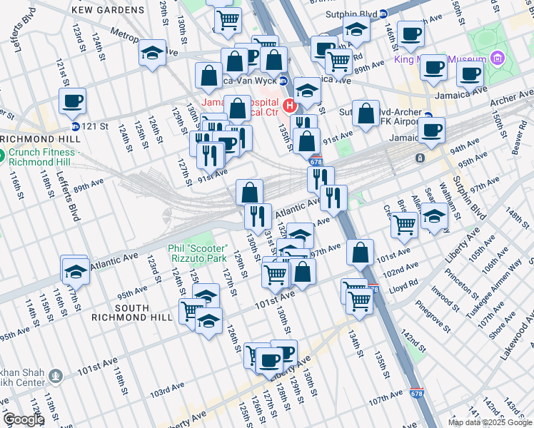 map of restaurants, bars, coffee shops, grocery stores, and more near 131-11 Atlantic Avenue in Queens