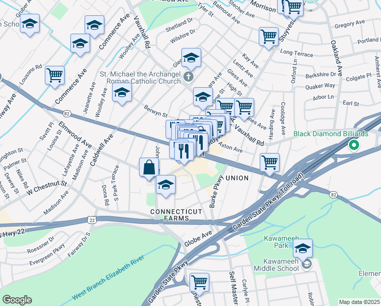 map of restaurants, bars, coffee shops, grocery stores, and more near 975 Bonnel Court in Union