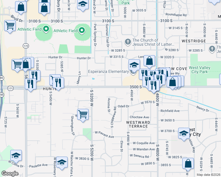 map of restaurants, bars, coffee shops, grocery stores, and more near 5087 West 3500 South in West Valley City