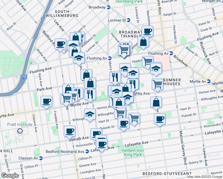 map of restaurants, bars, coffee shops, grocery stores, and more near 542 Marcy Avenue in Brooklyn
