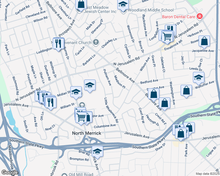 map of restaurants, bars, coffee shops, grocery stores, and more near 920 Putnam Avenue in Merrick