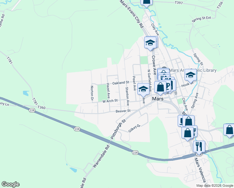 map of restaurants, bars, coffee shops, grocery stores, and more near 720 Pine Avenue in Mars