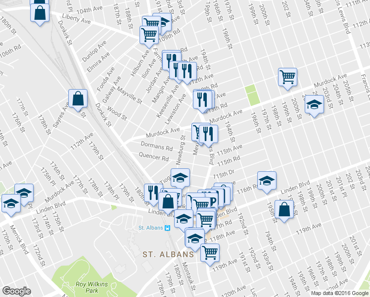 map of restaurants, bars, coffee shops, grocery stores, and more near 189-05 Dormans Road in Queens