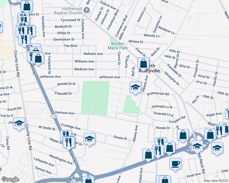 map of restaurants, bars, coffee shops, grocery stores, and more near 10 Garfield Street in Amityville