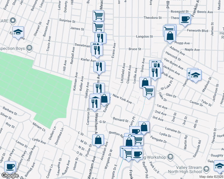 map of restaurants, bars, coffee shops, grocery stores, and more near 1293 Clarke Street in Elmont