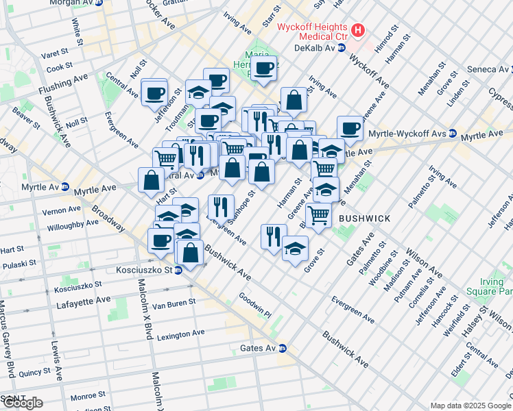 map of restaurants, bars, coffee shops, grocery stores, and more near 80 Stanhope Street in Brooklyn
