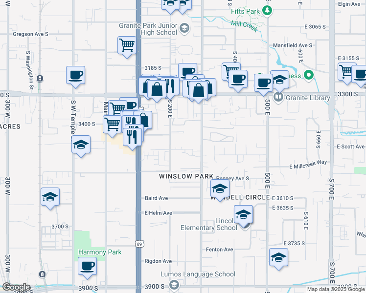 map of restaurants, bars, coffee shops, grocery stores, and more near 3443 South 200 East in South Salt Lake