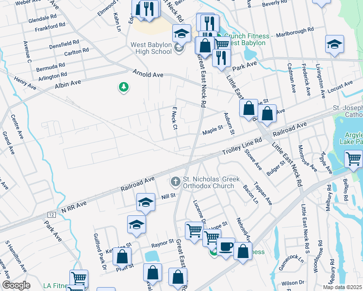 map of restaurants, bars, coffee shops, grocery stores, and more near 288 Great East Neck Road in West Babylon