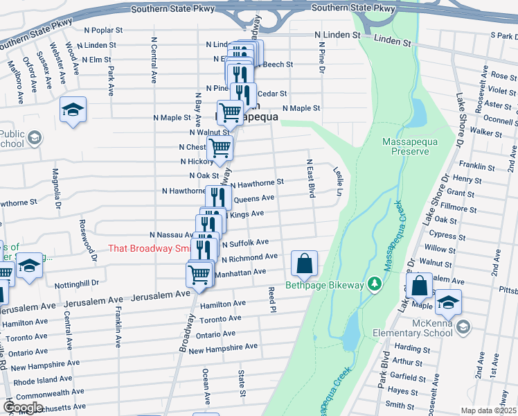 map of restaurants, bars, coffee shops, grocery stores, and more near 169 North Kings Avenue in Massapequa