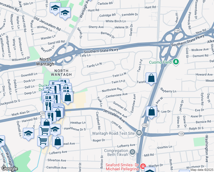 map of restaurants, bars, coffee shops, grocery stores, and more near 359 Twin Lane South in Wantagh