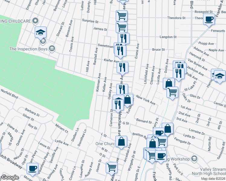 map of restaurants, bars, coffee shops, grocery stores, and more near 1373 Star Avenue in Elmont