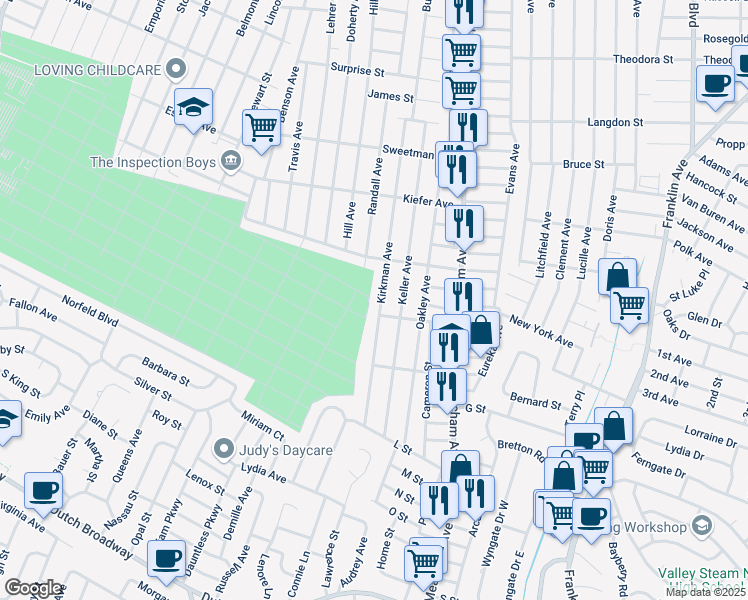 map of restaurants, bars, coffee shops, grocery stores, and more near 430 Kirkman Avenue in Elmont