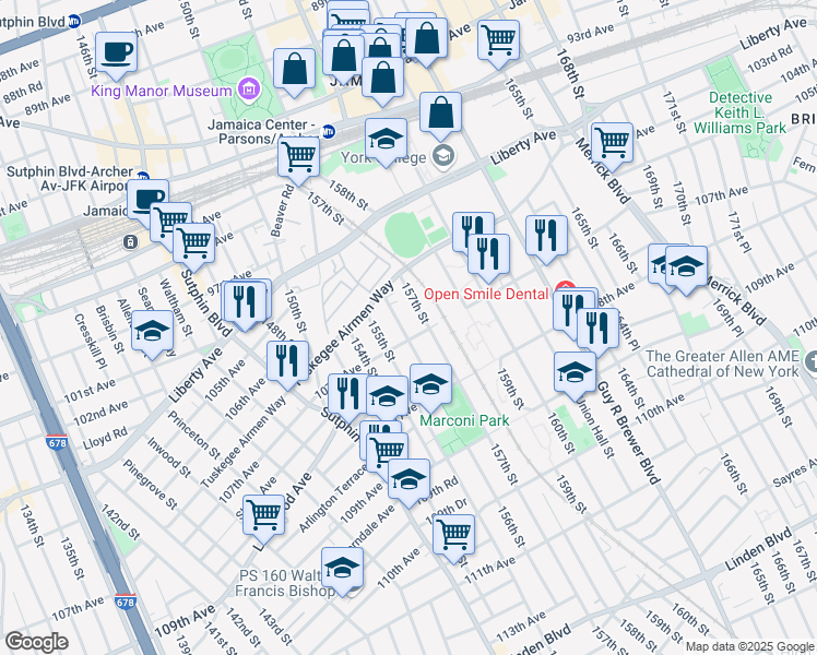 map of restaurants, bars, coffee shops, grocery stores, and more near 106-48 157th Street in Queens