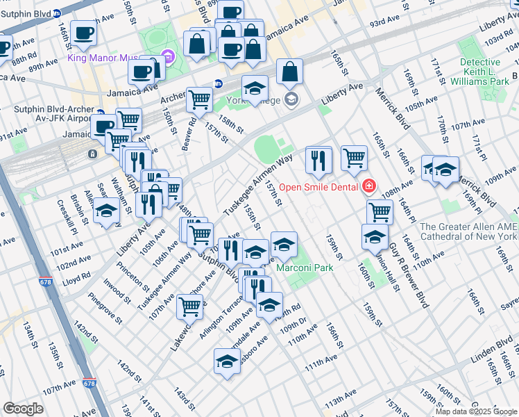 map of restaurants, bars, coffee shops, grocery stores, and more near 106-15 155th Street in Queens