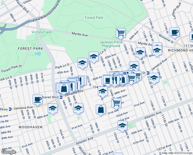 map of restaurants, bars, coffee shops, grocery stores, and more near 102-21 86th Avenue in Queens