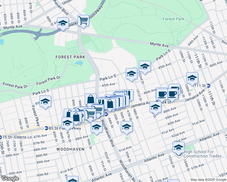 map of restaurants, bars, coffee shops, grocery stores, and more near 94-17 85th Road in Queens