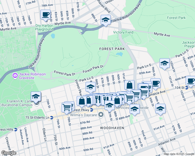 map of restaurants, bars, coffee shops, grocery stores, and more near 86-20 Park Lane South in Queens