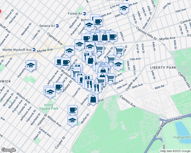 map of restaurants, bars, coffee shops, grocery stores, and more near 10-76 Cypress Avenue in Queens